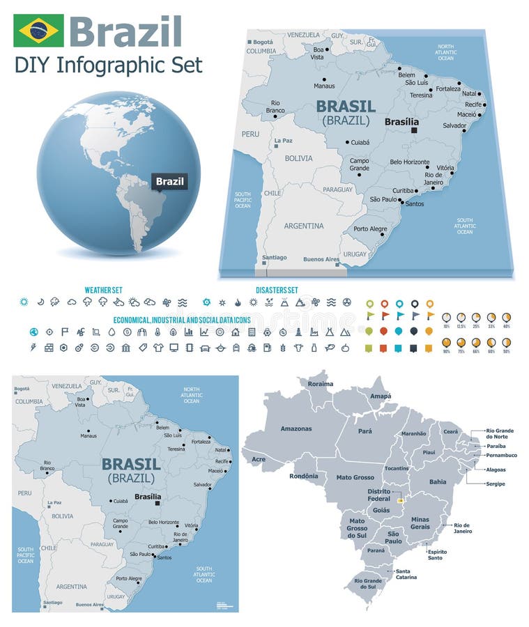 Mappe di Repubblica Federativa del Brasile con gli indicatori illustrazione di stock Mappe di Repubblica Federativa del Brasile con gli indicatori illustrazione di stock