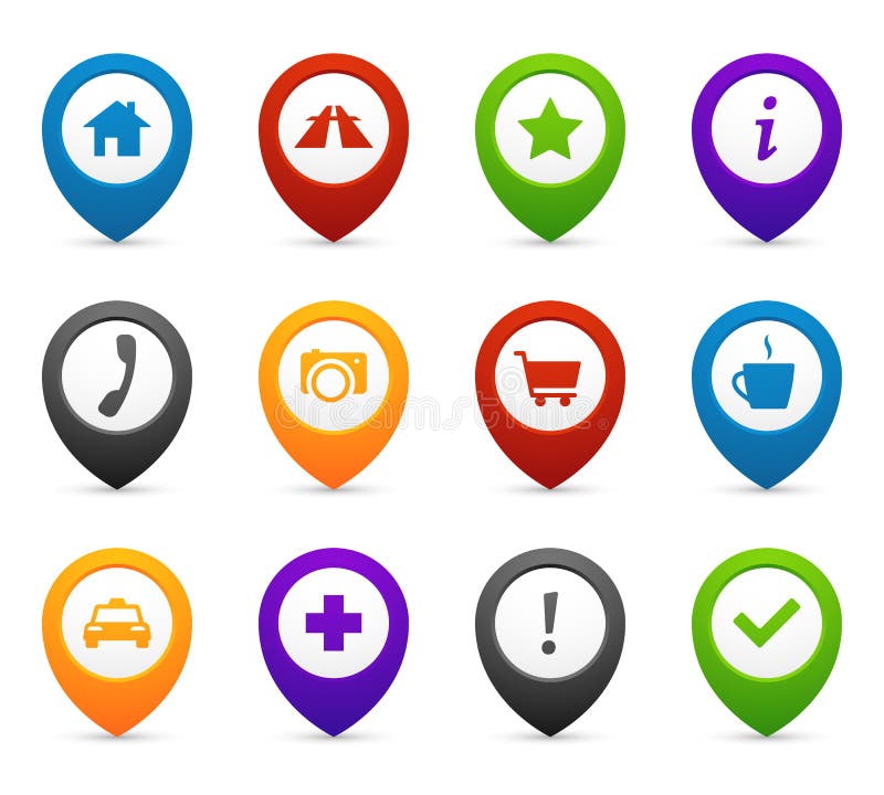 Mapping push pins with location icons for web and mobile application. Vector symbols set stock illustration Mapping push pins with location icons for web and mobile application. Vector symbols set stock illustration