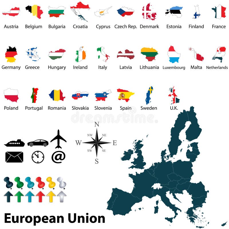 Vector of political map of European Union set with maps and flags on white background. Flag malta vector vectors