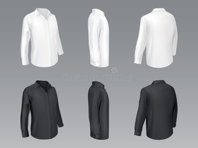 Black and white mens classic shirts, womens blouse with long sleeve half turn front, side and back view realistic vector mockup isolated on grey background. Unisex casual clothing element illustration. Black and white mens classic shirts, womens blouse with long sleeve half turn front, side and back view realistic vector mockup isolated on grey background. Unisex casual clothing element illustration