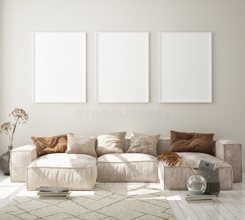 Maqueta de afiches en el interior moderno fondo sala de estar escandinavo estilo 3d representatividad