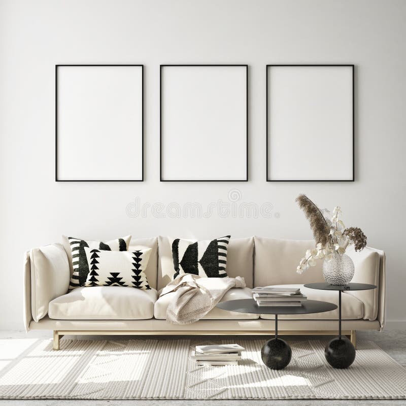 Mock up poster frame in modern interior background, living room, Scandinavian style, 3D render, 3D illustration. Mock up poster frame in modern interior background, living room, Scandinavian style, 3D render, 3D illustration