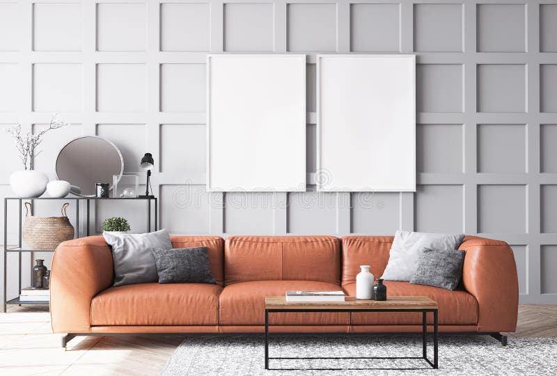 Sala de estar moderna, sofá con cojines coloridos y maqueta de dos marcos