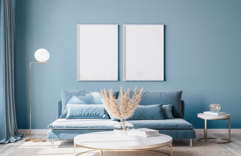 Maqueta de marco en diseño de salón azul de lujo