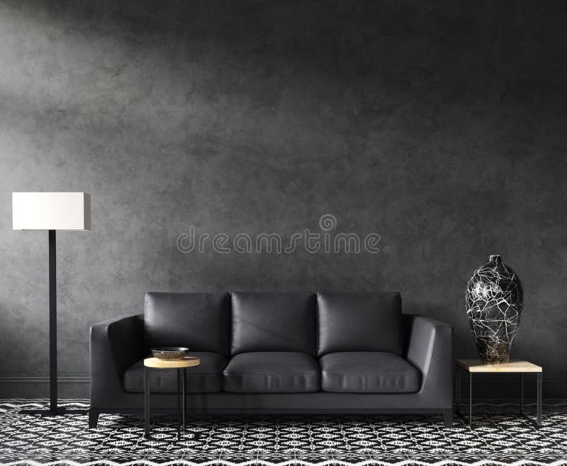 Maqueta interior casera con el sofá y la decoración, sala de estar elegante negra del desván
