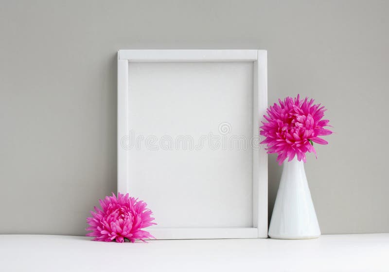 Maquette blanche de cadre, disposition vide, vase avec l'aster rose image stock Maquette blanche de cadre, disposition vide, vase avec l'aster rose image stock