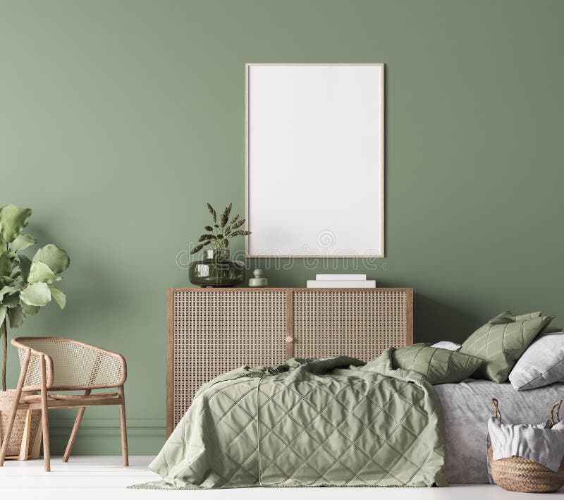 Maquette de cadre d'affiches dans la décoration de la chambre de verdure de chambre de ferme avec des meubles en bois naturel Maquette de cadre d'affiches dans la décoration de la chambre de verdure de chambre de ferme avec des meubles en bois naturel