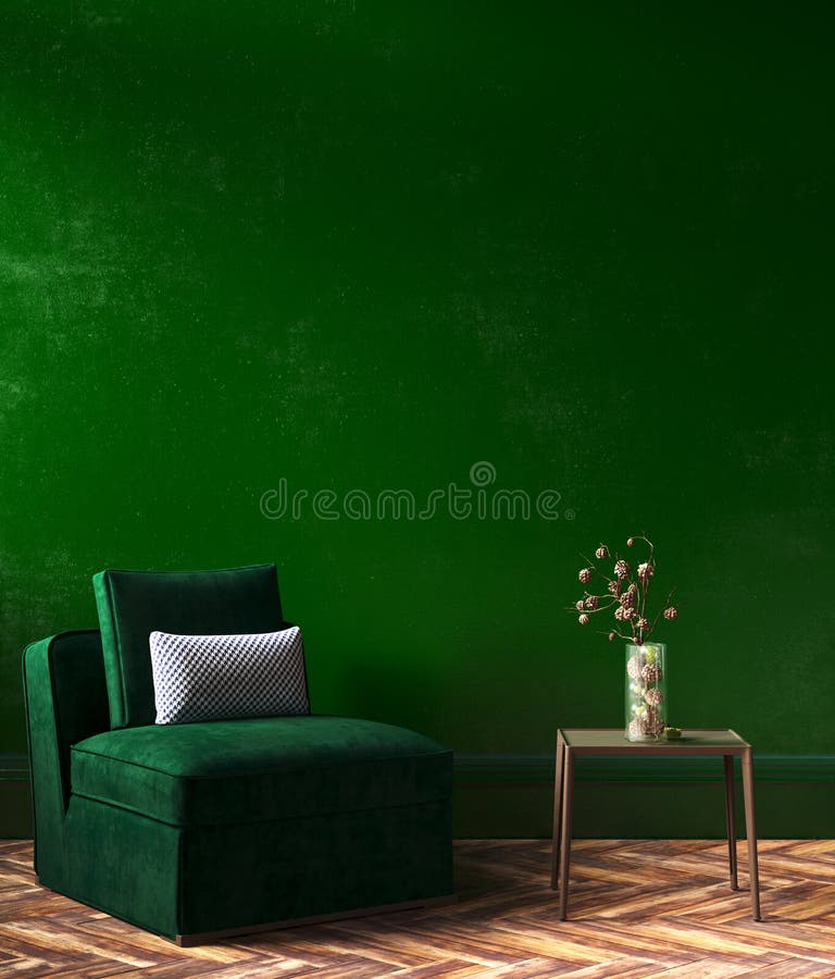 Maquette intérieure à la maison avec le sofa, la table et le décor verts dans le salon photos stock Maquette intérieure à la maison avec le sofa, la table et le décor verts dans le salon photos stock