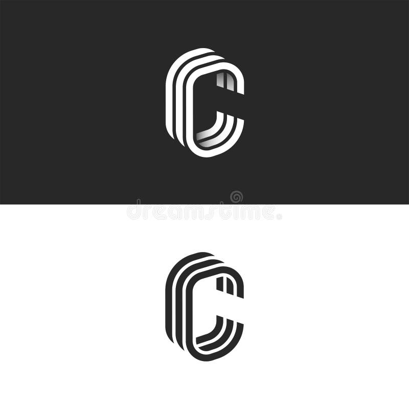 Maquette isométrique de logo de lettre de C, conception linéaire à la mode moderne, lignes douces noires et blanches emblème de t