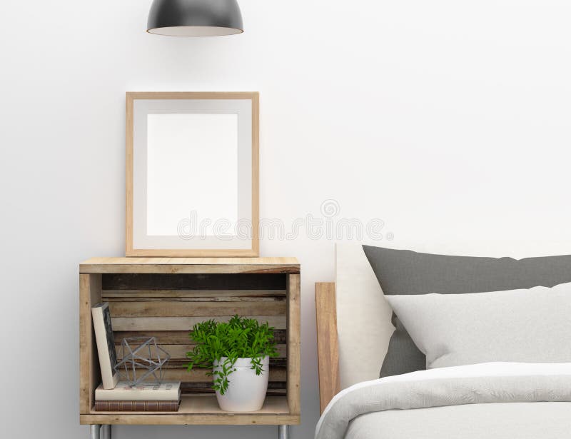 Maquette vide de cadre sur la table de côté de chambre à coucher illustration stock Maquette vide de cadre sur la table de côté de chambre à coucher illustration stock