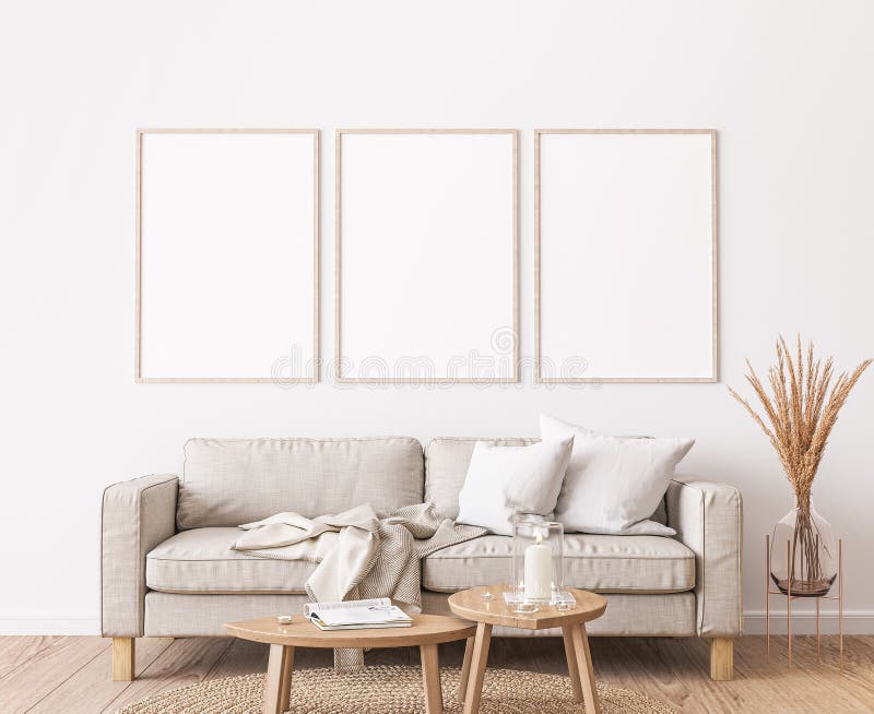 Maquillaje de marco diseño de salón de casa de campo muebles blancos sobre fondo de pared brillante
