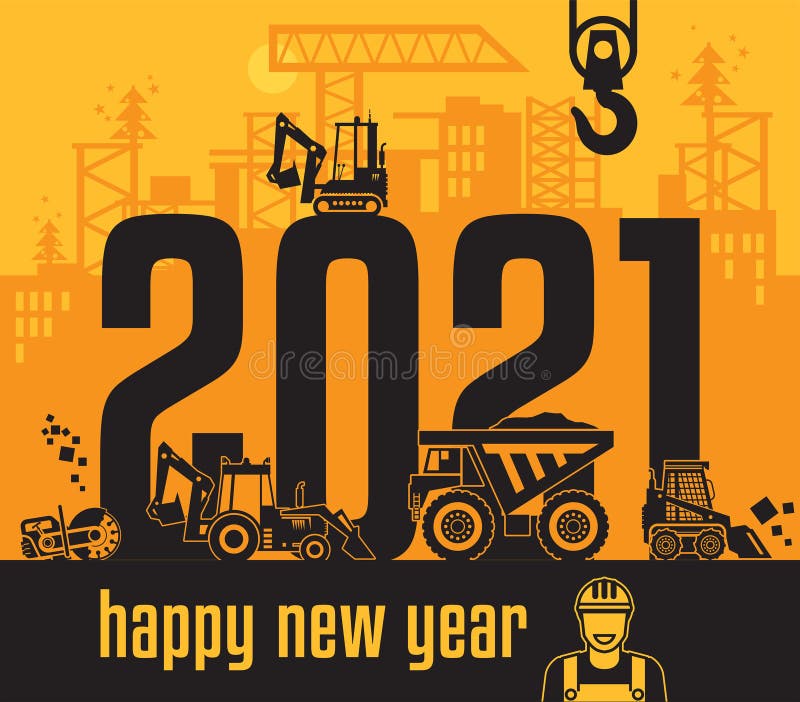 Maquinaria de construcción, tarjeta de Año Nuevo Feliz
