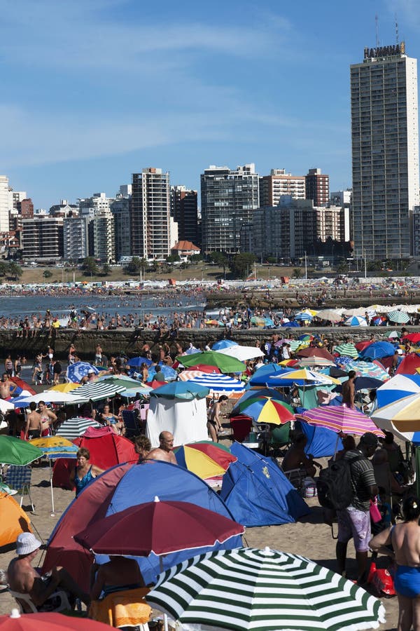 Mar Del Plata Argentina with Tourists Umbrellas Sunbathing Editorial