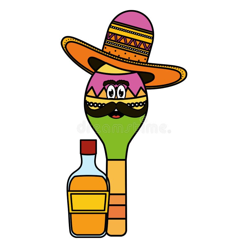 Maraca with mexican hat character and tequila bottle royalty free illustration Maraca with mexican hat character and tequila bottle royalty free illustration