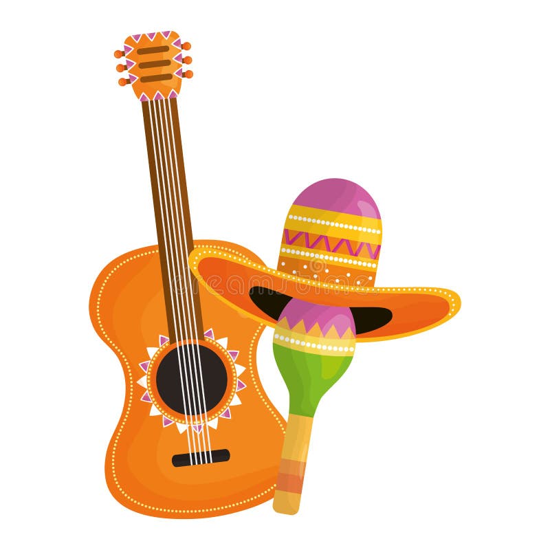Maraca with mexican hat and guitar vector illustration Maraca with mexican hat and guitar vector illustration