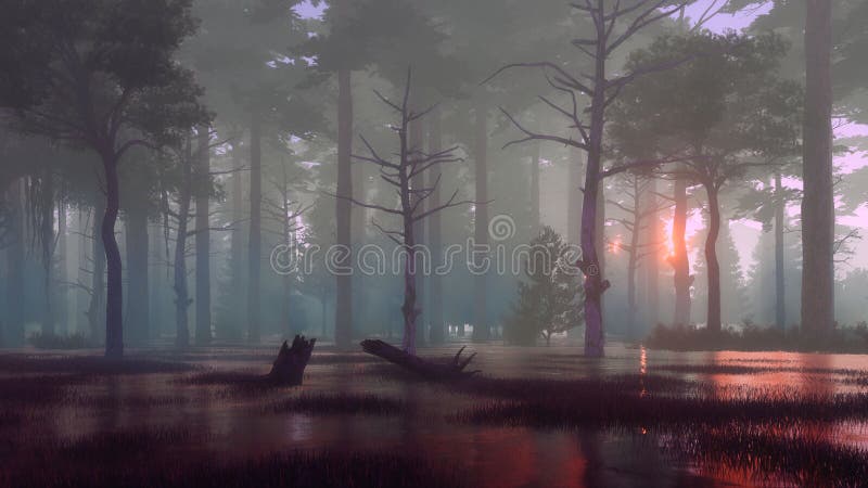 Marais mystique foncé de forêt à l'aube ou au crépuscule brumeuse illustration stock Marais mystique foncé de forêt à l'aube ou au crépuscule brumeuse illustration stock