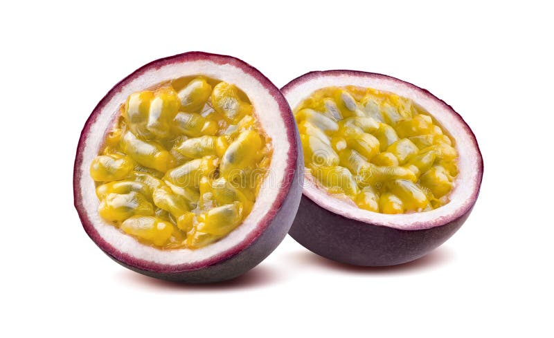 Maraquia passion fruit 2 halves isolated on white background stock photo Maraquia passion fruit 2 halves isolated on white background stock photo