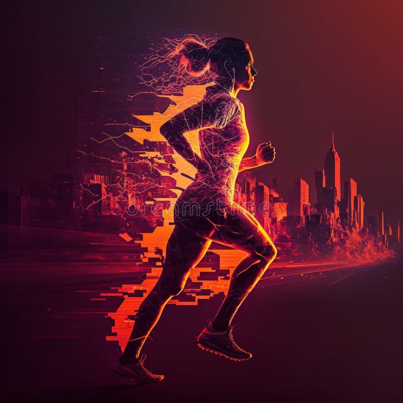 Fire Marathon Runner in a City, Vector Illustration, Double Exposure