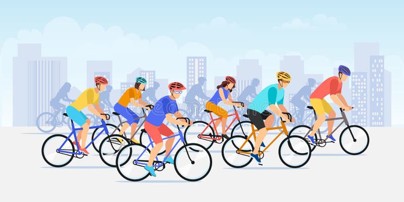 City bicycle sport marathon. Vector flat cartoon bike race illustration. Colorful cyclist people against urban landscape background. Outdoor sports competition and healthy lifestyle concept. City bicycle sport marathon. Vector flat cartoon bike race illustration. Colorful cyclist people against urban landscape background. Outdoor sports competition and healthy lifestyle concept