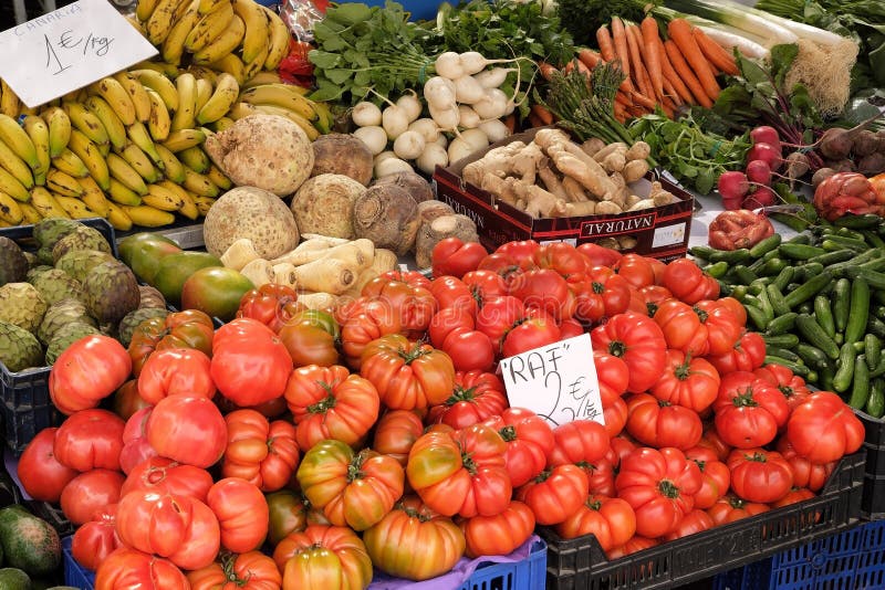 Marbella, Malaga province, Andalucia, Spain - March 18, 2019 : fresh fruits and vegetables for sale in a local farmers market royalty free stock photo Marbella, Malaga province, Andalucia, Spain - March 18, 2019 : fresh fruits and vegetables for sale in a local farmers market royalty free stock photo