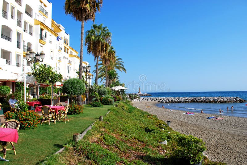 Puerto Banus beach at Marbella, Spain. Stock Photo