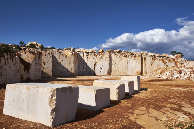 Marble Blocks at Abandoned Marble Quarry in the Sunny Day Stock Image