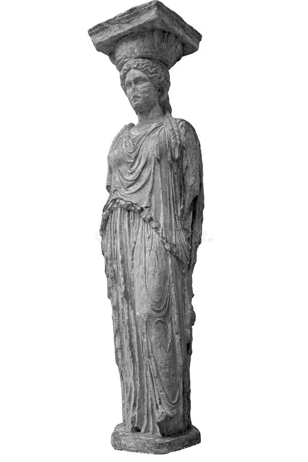 Marble column Caryatid isolated on a white background. Ancient greek stone sculpture