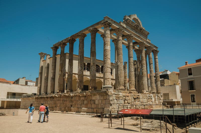 Marble columns in the Temple of Diana and people at Merida stock photo Marble columns in the Temple of Diana and people at Merida stock photo