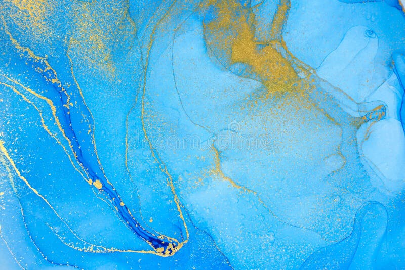 Marble Gradient Light Blue and Gold Veins Artwork Background. Stock