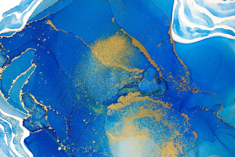 Marble Gradient Light Blue and Gold Veins Artwork Background. Stock