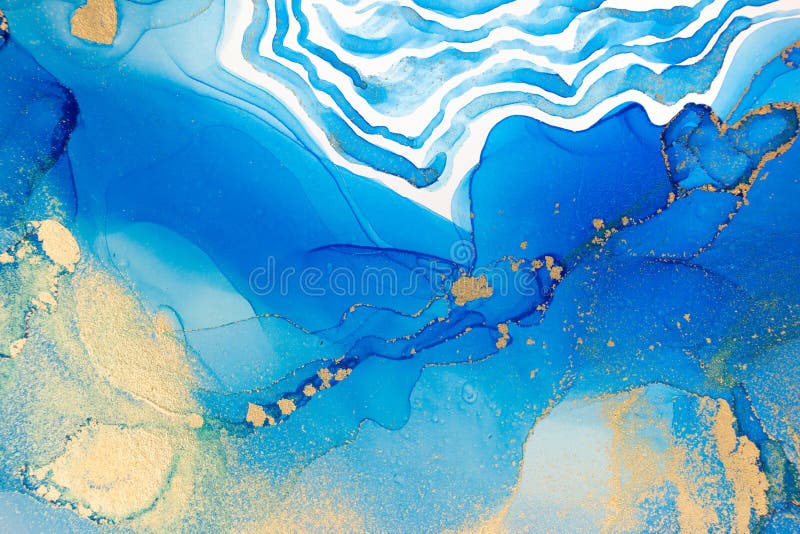 Marble Gradient Light Blue and Gold Veins Artwork Background. Stock