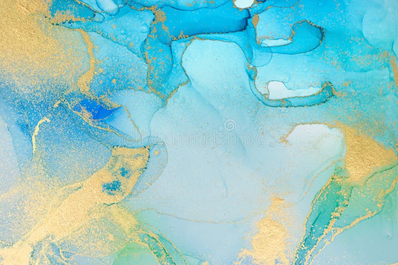 Marble Gradient Light Blue and Gold Veins Artwork Background. Stock