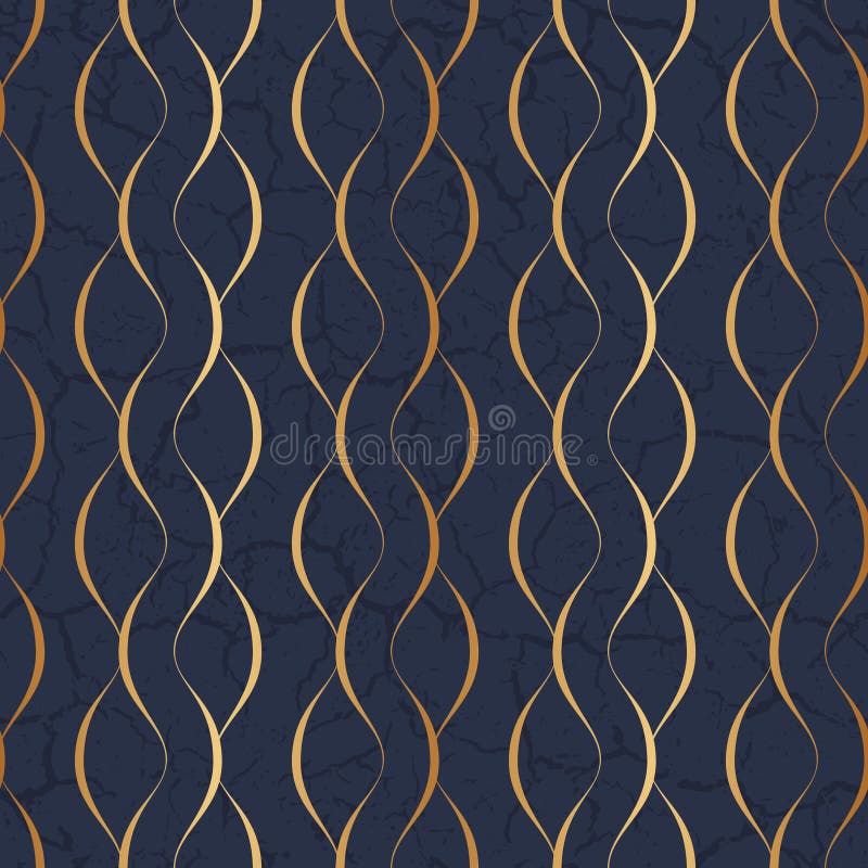 Marble seamless pattern. Gold wavy line. Golden stripes twist on blue background. Abstract texture foil. Elegant patern. Delicate