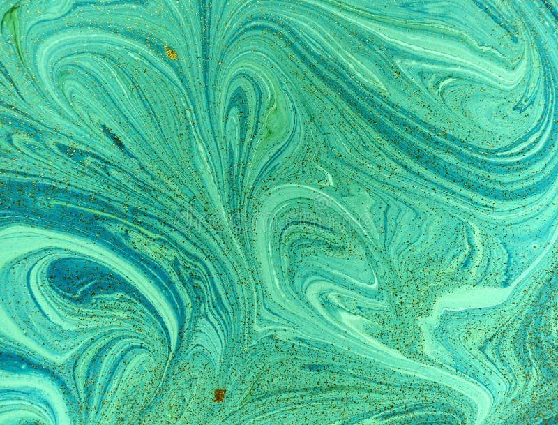 Marbled Blue, Green And Golden Abstract Background. Liquid Marble Pattern Stock Photo Image of