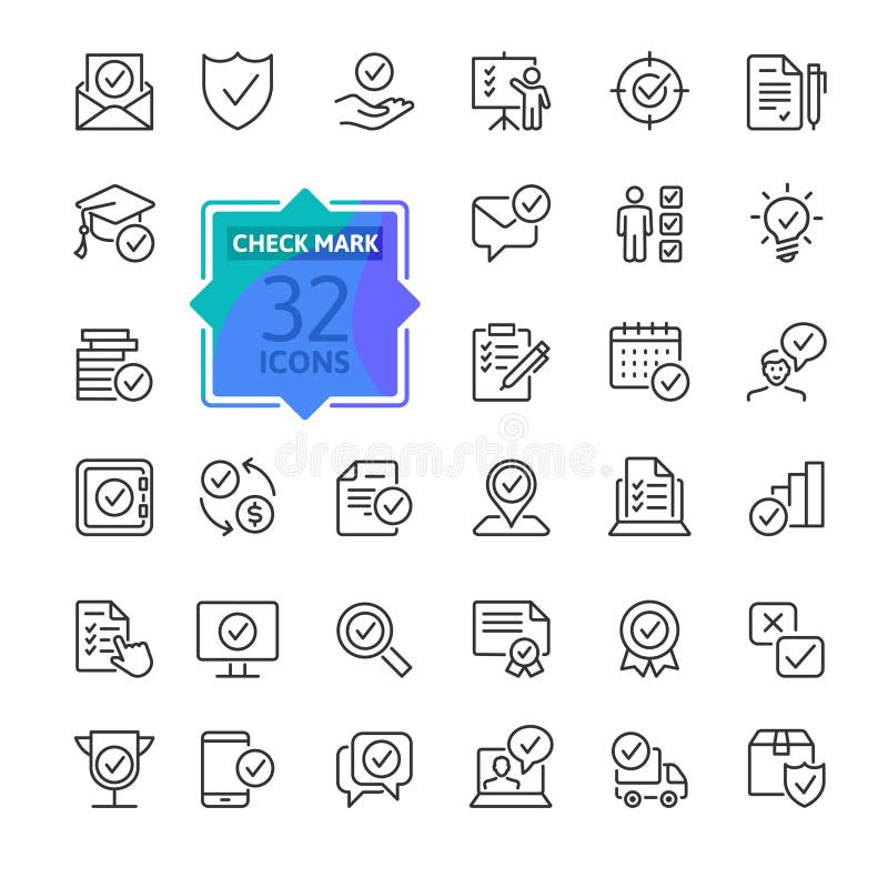 Marca de verificación firmar conjunto de iconos web de línea delgada. contiene iconos como confirmar la garantía de la lista de co libre illustration