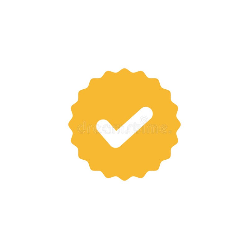 Marca de verificación, señal blanca en muestra amarilla del círculo Ejemplo válido del vector del icono del sello ilustración del vector