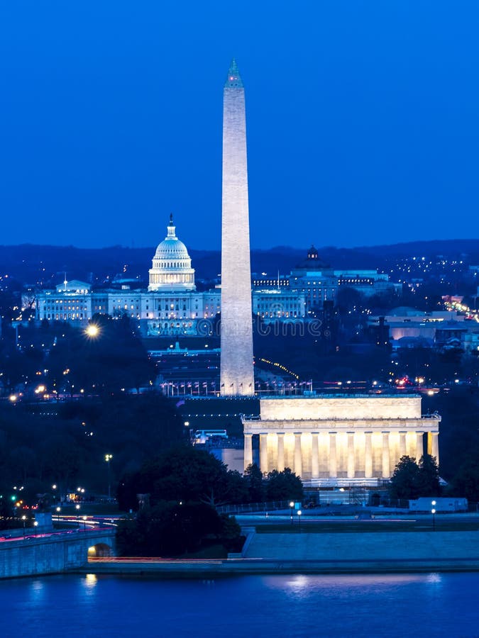 MARCH 26, 2018 - ARLINGTON, VA - WASH D.C. - Aerial view of Washington D.C. from Top of Town restaurant, Arlington, Virginia shows Lincoln & Washington Memorial and U.S. Capitol. MARCH 26, 2018 - ARLINGTON, VA - WASH D.C. - Aerial view of Washington D.C. from Top of Town restaurant, Arlington, Virginia shows Lincoln & Washington Memorial and U.S. Capitol