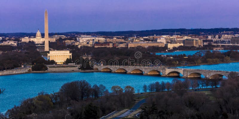 MARCH 26, 2018 - ARLINGTON, VA - WASH D.C. - Aerial view of Washington D.C. from Top of Town restaurant, Arlington, Virginia shows Lincoln & Washington Memorial and U.S. Capitol and Memorial Bridge crossing Potomac River. MARCH 26, 2018 - ARLINGTON, VA - WASH D.C. - Aerial view of Washington D.C. from Top of Town restaurant, Arlington, Virginia shows Lincoln & Washington Memorial and U.S. Capitol and Memorial Bridge crossing Potomac River