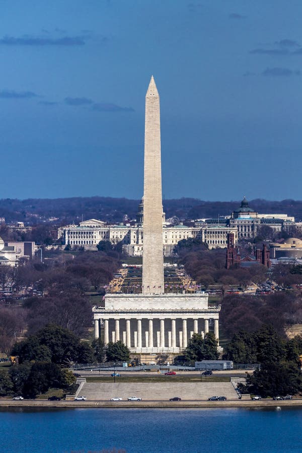 MARCH 26, 2018 - ARLINGTON, VA - WASH D.C. - Aerial view of Washington D.C. from Top of Town restaurant, Arlington, Virginia shows Lincoln & Washington Memorial blocking out US Capitol. MARCH 26, 2018 - ARLINGTON, VA - WASH D.C. - Aerial view of Washington D.C. from Top of Town restaurant, Arlington, Virginia shows Lincoln & Washington Memorial blocking out US Capitol