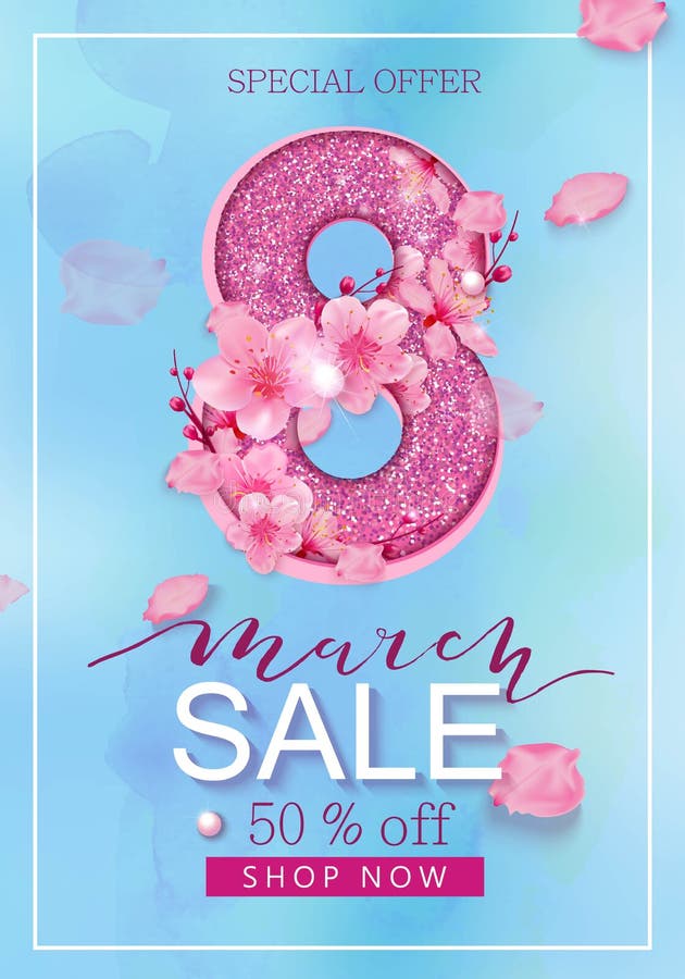 8 march sale banner with heart and sakura