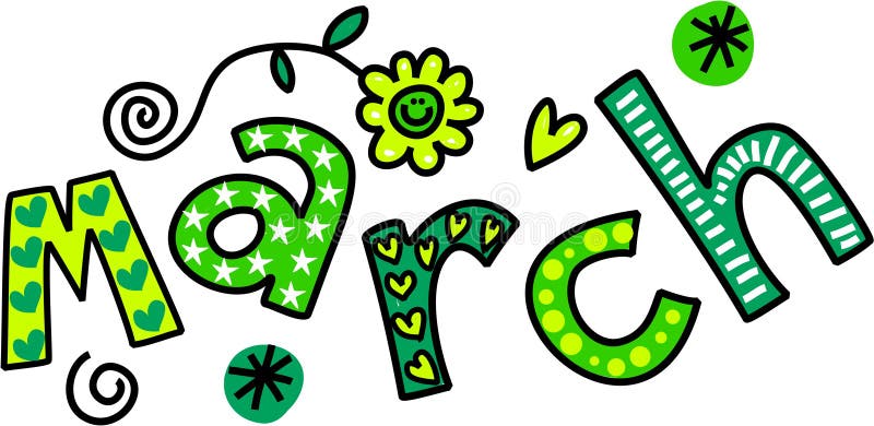 March Clip Art. Whimsical cartoon text doodle for the month of March vector illustration