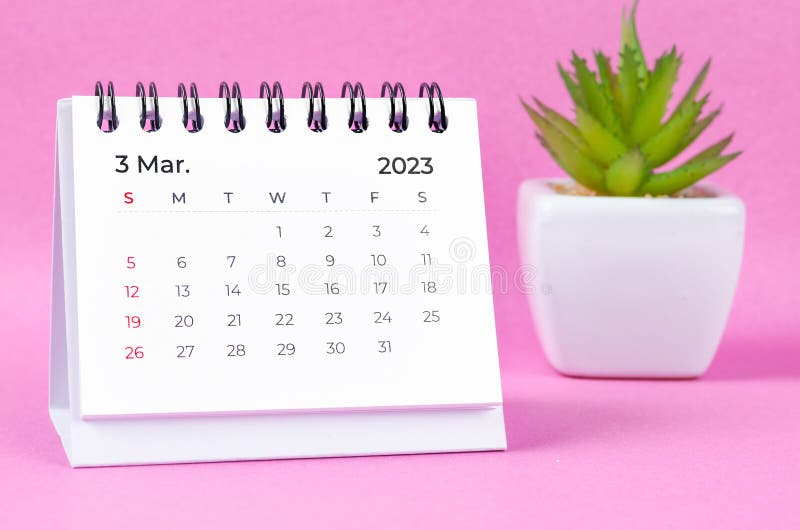 A March 2023 Desk Calendar for 2023 on Pink Colour Background Stock