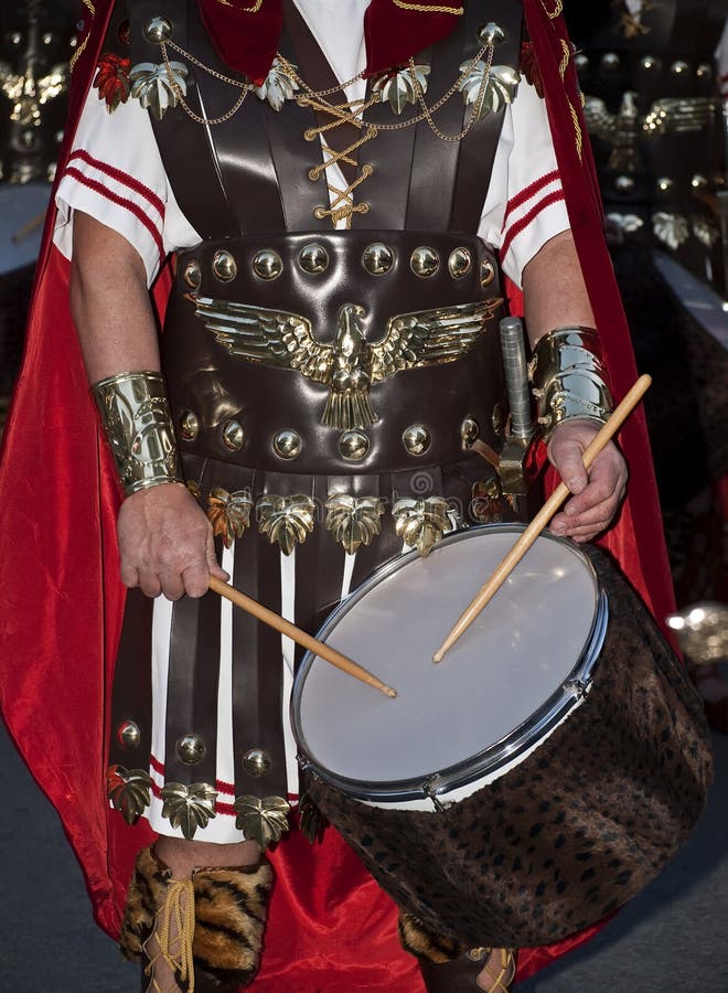 Roman Empire army drummer detail with eagle leather breastplate. Roman Empire army drummer detail with eagle leather breastplate