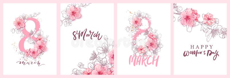 8 march illustration. Women&x27;s Day greeting card design with cherry blossoms. Branch of sakura with petals.