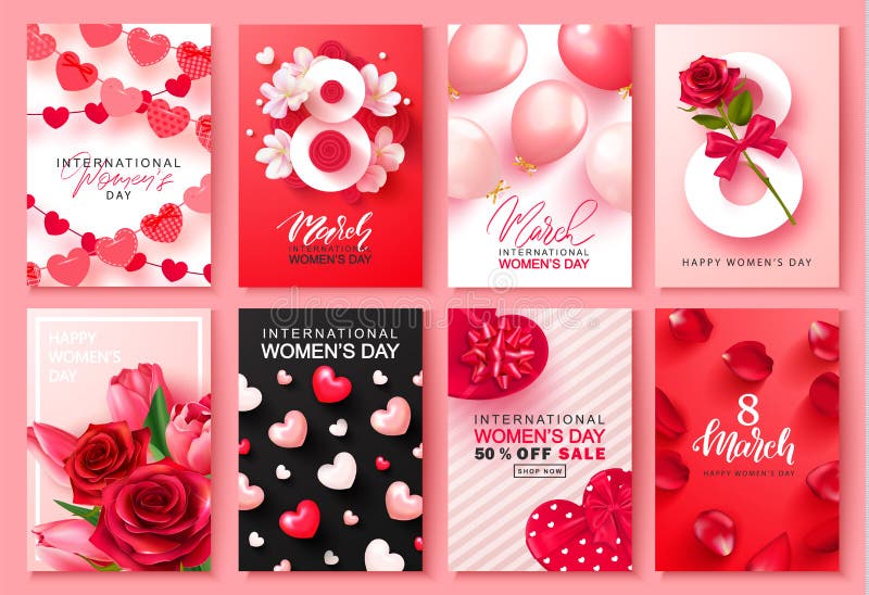 8 March international women`s day Set of cards. Background for website , posters,ads, coupons, promotional material