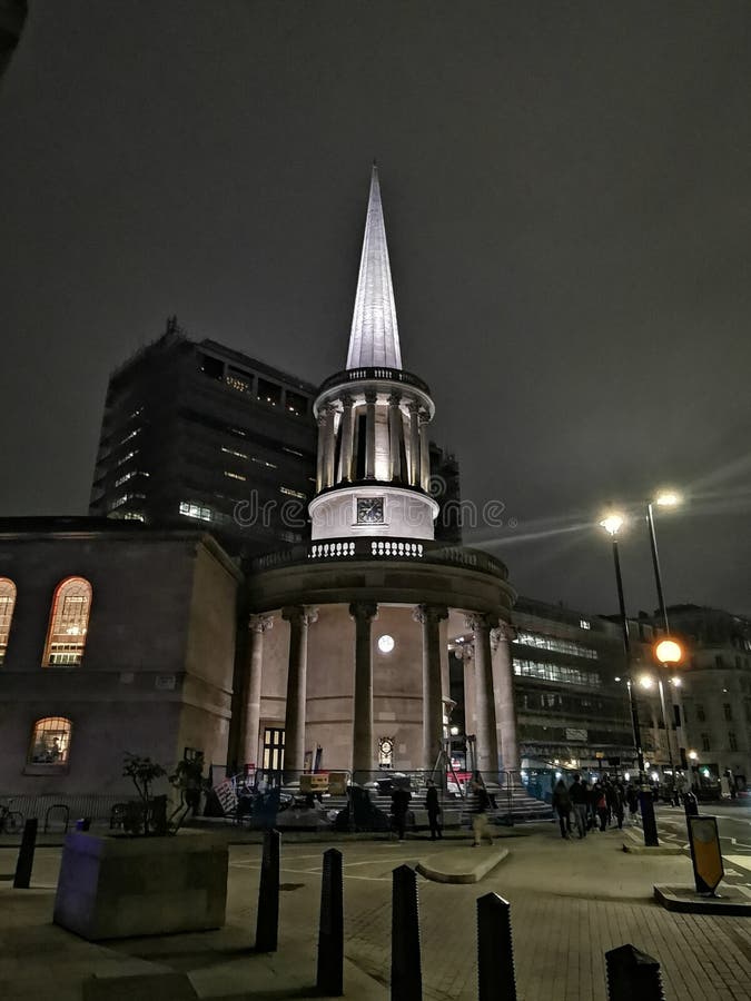 28 March 2023 - London, England, UK: All Souls Church Langham Place at night. Illuminated. High quality photo