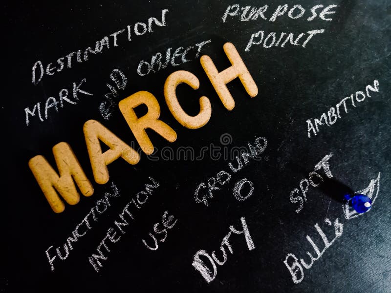 March month target concept displaying with multiple thoughts collection on chalkboard