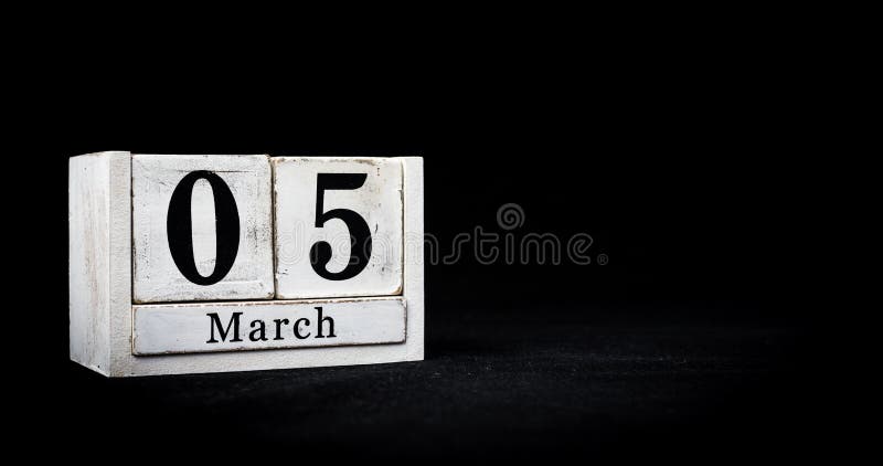 March 5th, Fifth of March, Day 5 of month March - white calendar blocks on black textured background with empty space for text stock image March 5th, Fifth of March, Day 5 of month March - white calendar blocks on black textured background with empty space for text stock image