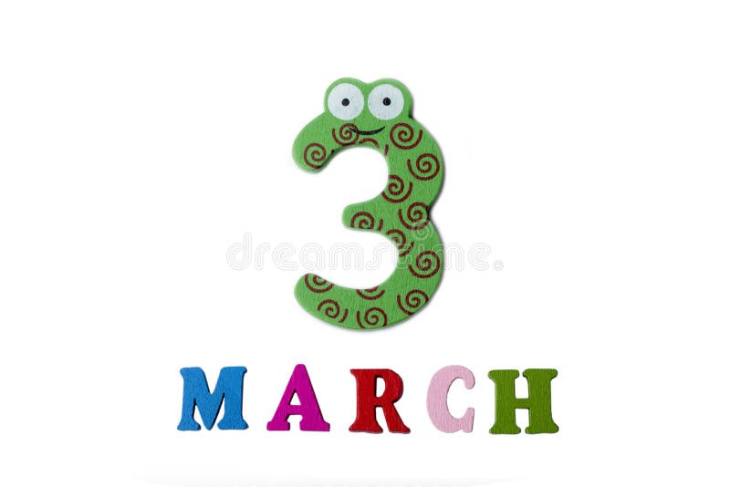 March 3 on white background, numbers and letters. stock photography