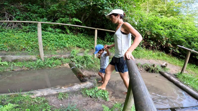Marcher pieds nus dans une forêt dans un parc sensoriel pour profiter de la nature banque de vidéos